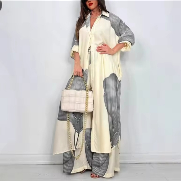 Pants - Elegant Lady Set Fashion Printed LongShirt Top + Wide Leg Pants 2-piece Outfit